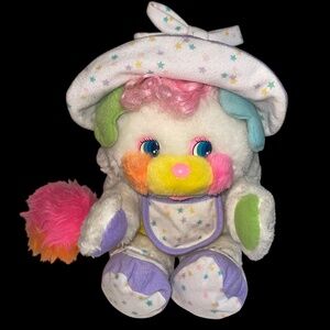 Vintage Popples Baby Bibsy 12” Plush 1986 White Purple Star Bonnet Rattle Tail